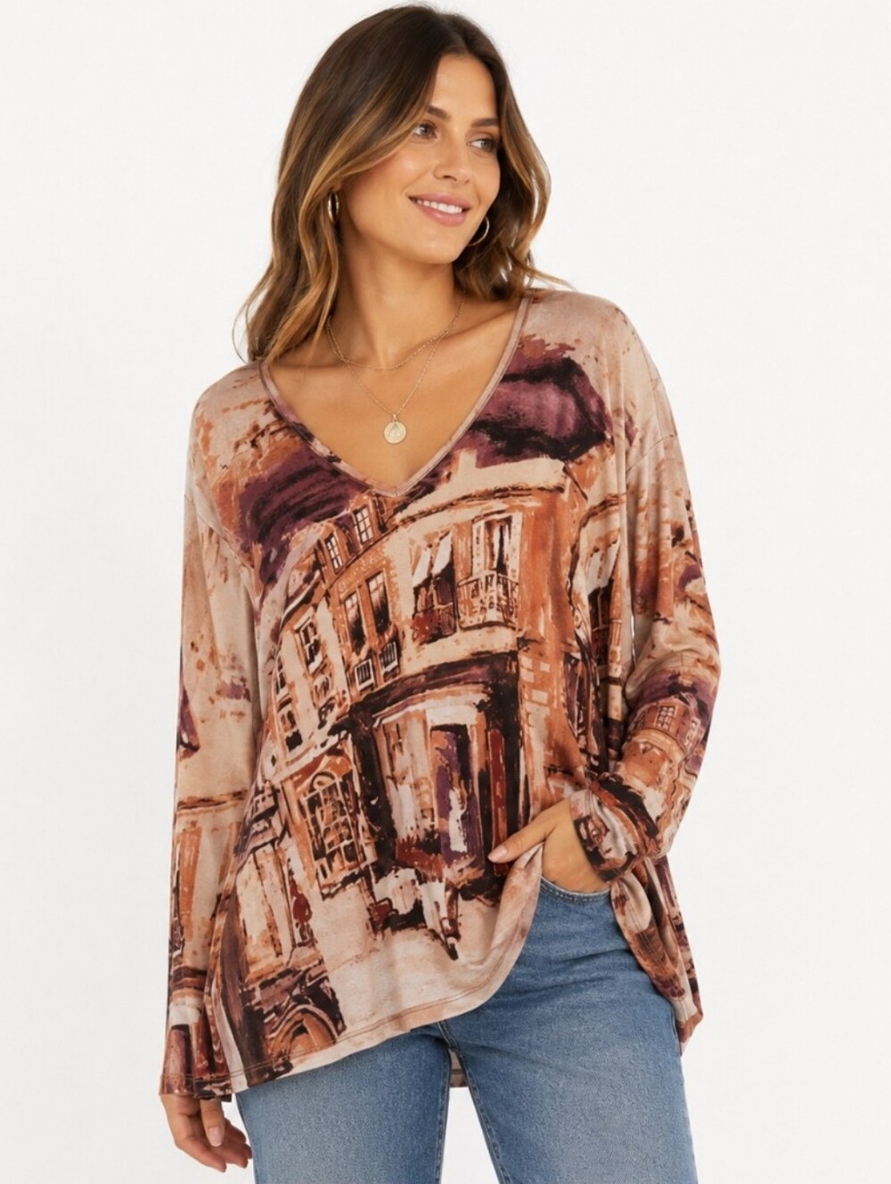 Chicos Orange Cityscape Vneck Spandex Blend Sweater Sz 2 (Lg)